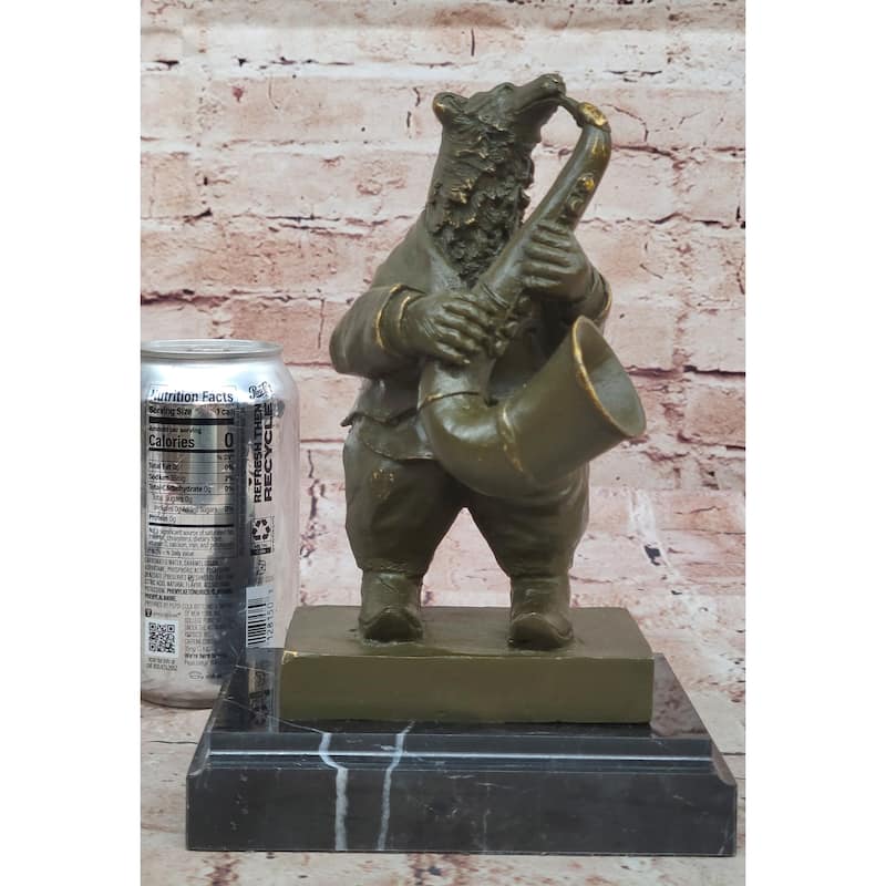 Bear Playing Saxophone Bronze Sculpture - Whimsical Animal Music Art