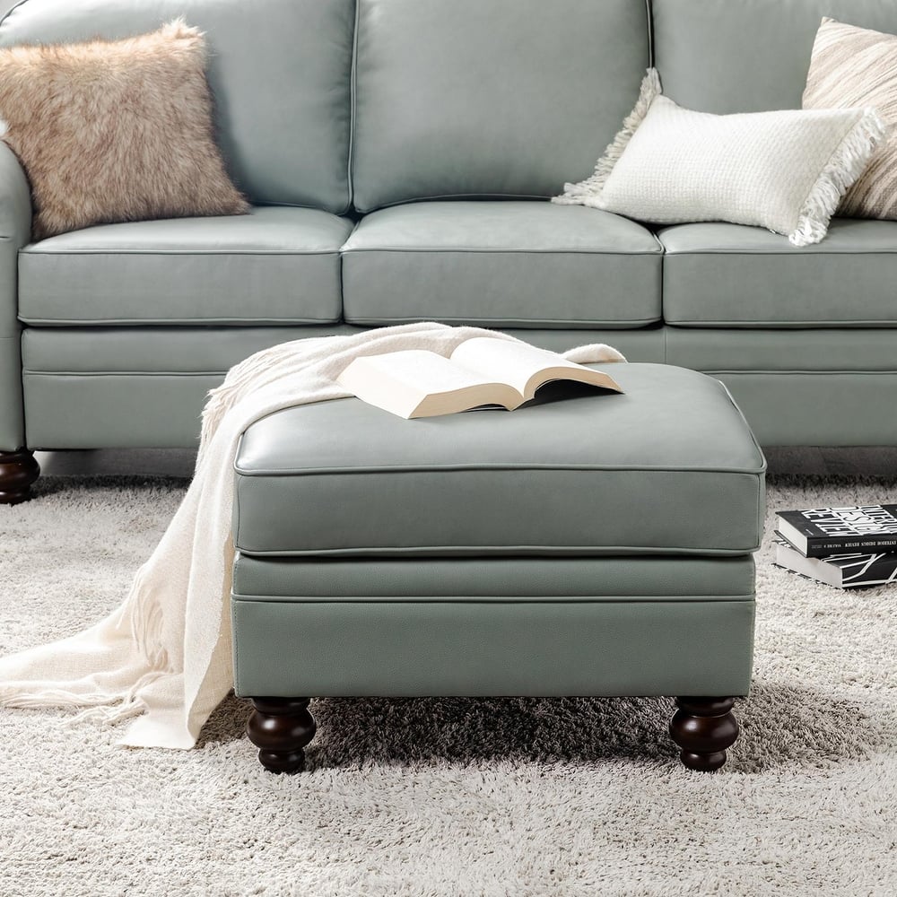 Irene Contemporary Genuine Leather Water Resistant Ottoman with Solid Wood Legs by HULALA HOME