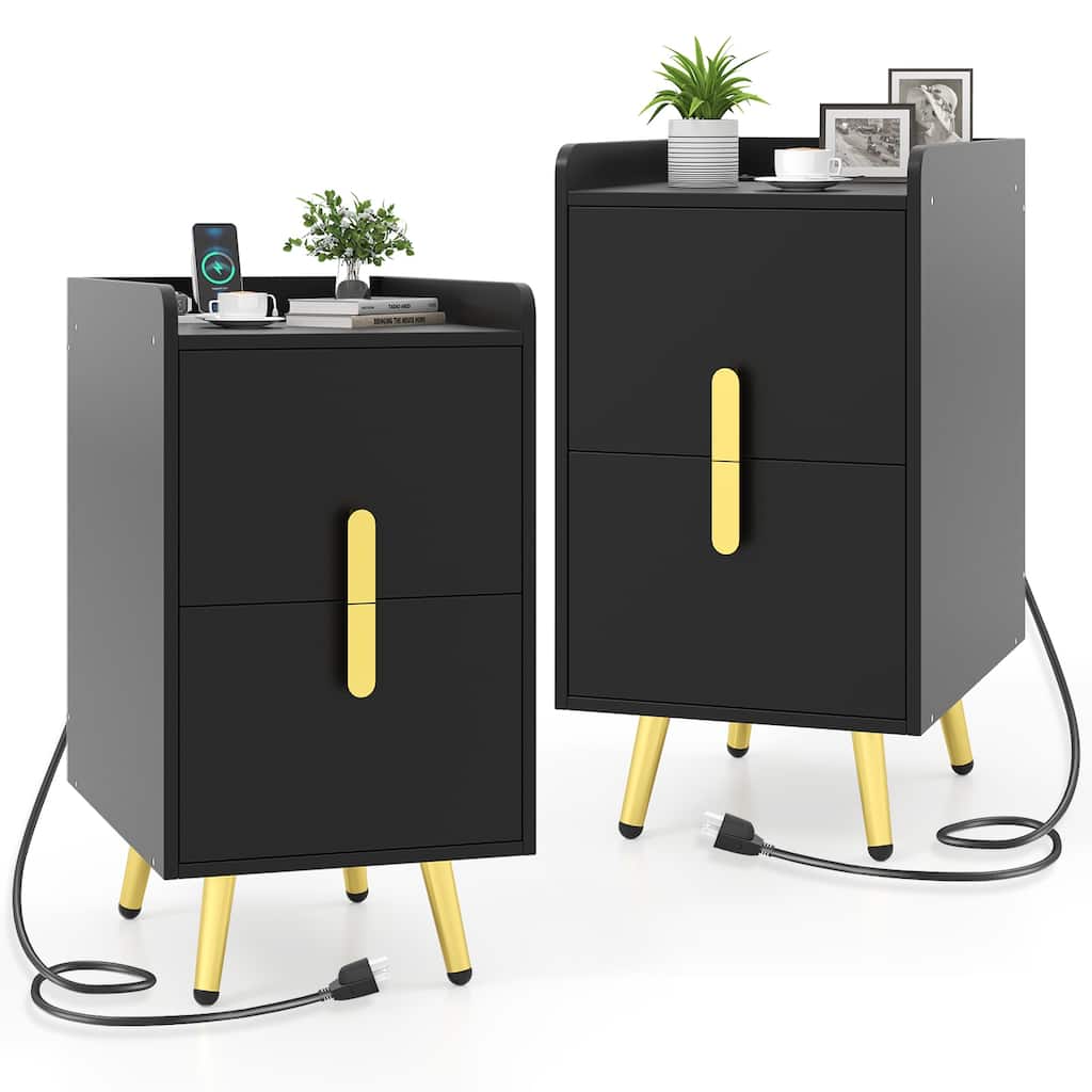 Gymax 2PCS Nightstand w/ Charging Station Home Bedside Sofa Side