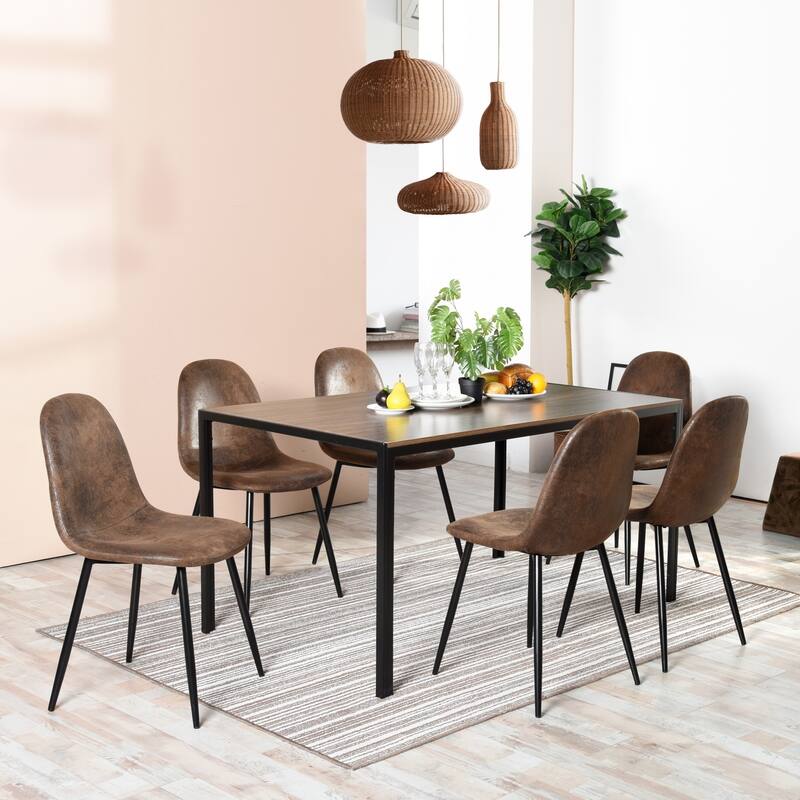Dining Chair Set of 4 Suede Fabric Side Seating with Black Metal Legs - Brown
