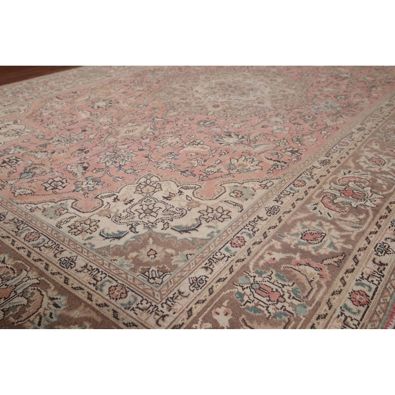 Pink Tabriz Vintage Persian Rug Hand-Knotted Traditional Wool Carpet - 6'6" x 9'11"