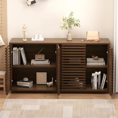 Large Storage Cabinet Buffet Sideboard with Solid Wood Slatted Doors, Cupboard Console Table for Living Room Entryway