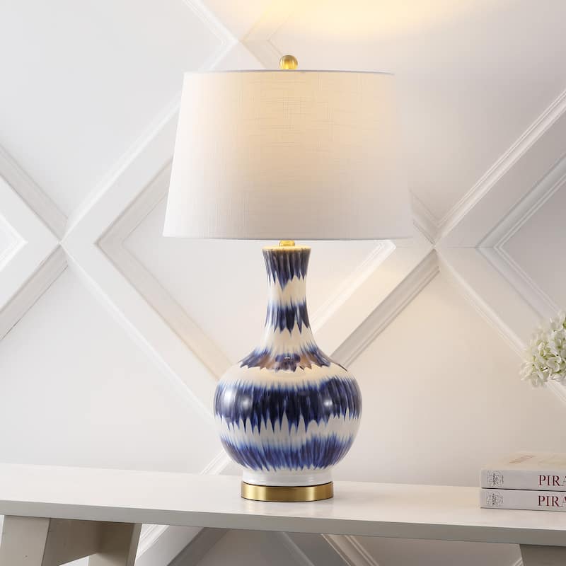 Cora 30.5" Striped Ceramic/Metal LED Table Lamp, Green/White by JONATHAN Y