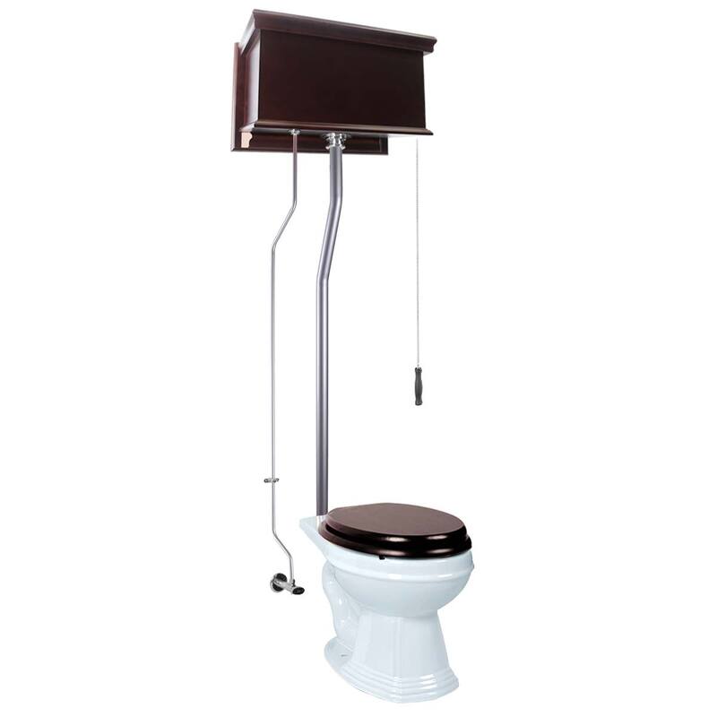 Mahogany Wooden High Tank Toilet Flat Tank, White Elongated Bowl and Brass Z Pipe
