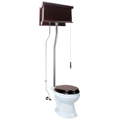 Mahogany Wooden High Tank Toilet Flat Tank, White Elongated Bowl and Brass Z Pipe