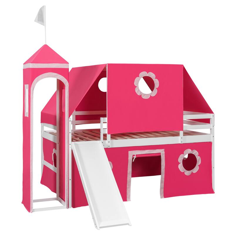Pink Castle Loft Bed Full Size Bed Tent Frame for Kids with Tower, Slide, Charming window and Semi-enclosed Underbed Space