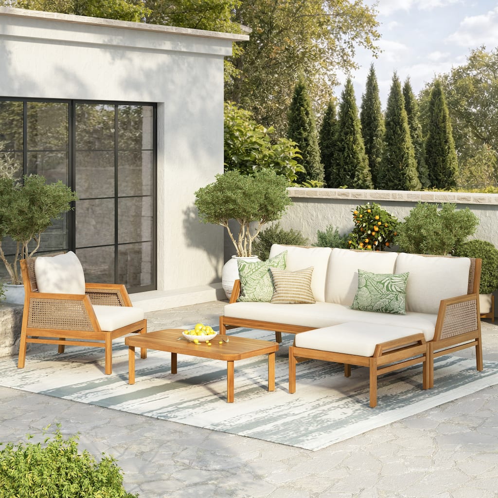 Christopher Knight Home - Ethel 4-Piece Outdoor Acacia Wood & Wicker Patio Conversation Set with Cushions