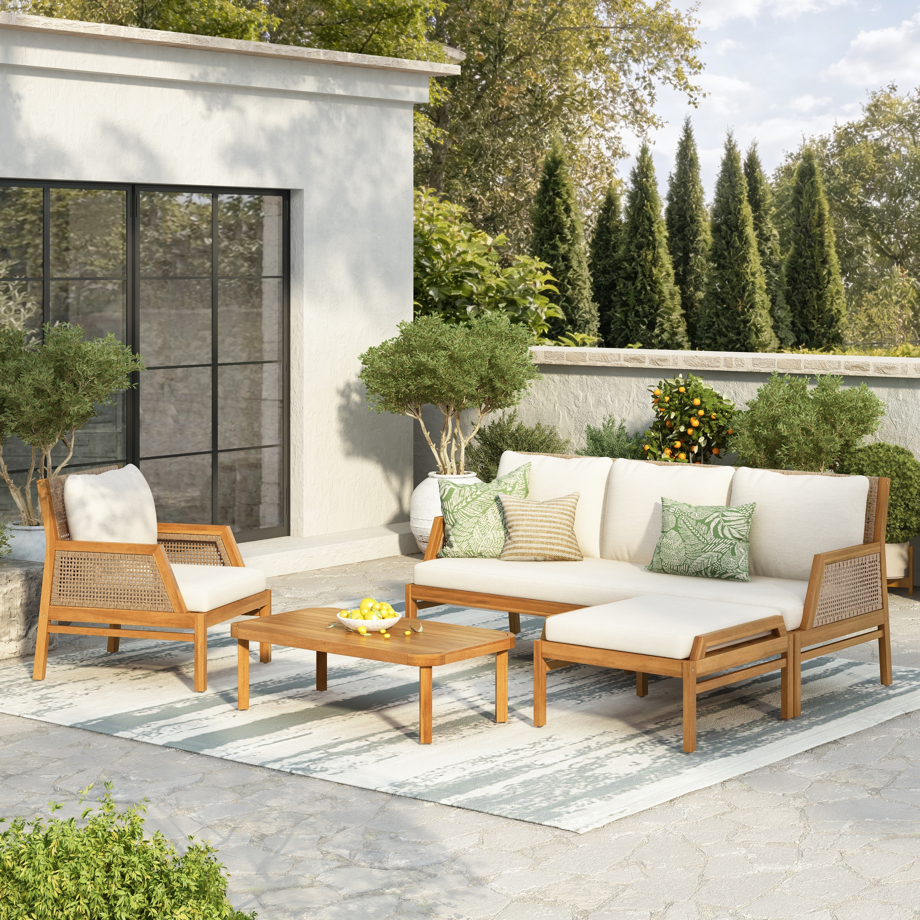 Christopher Knight Home - Ethel 4-Piece Outdoor Acacia Wood & Wicker Patio Conversation Set with Water Resistant Cushions