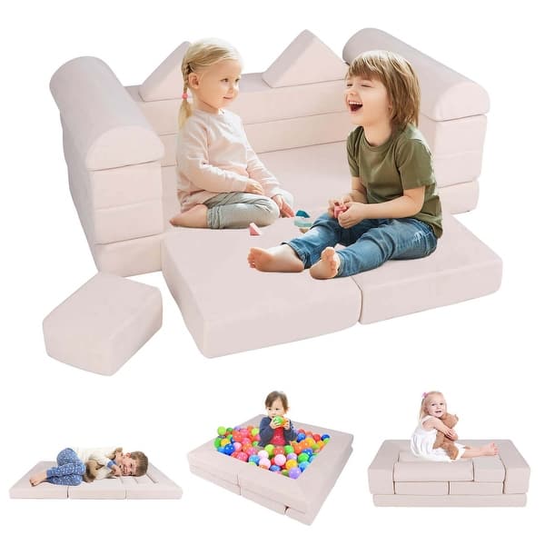 slide 2 of 30, Costway Kids Modular Play Couch Play Set with Suede Fabric Cover - See Details Beige