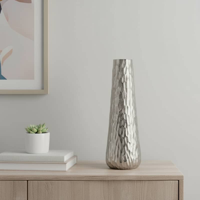 19" Silver Cast Aluminum Carved Geometric Table Vase - 5.10 - Silver - 5.10