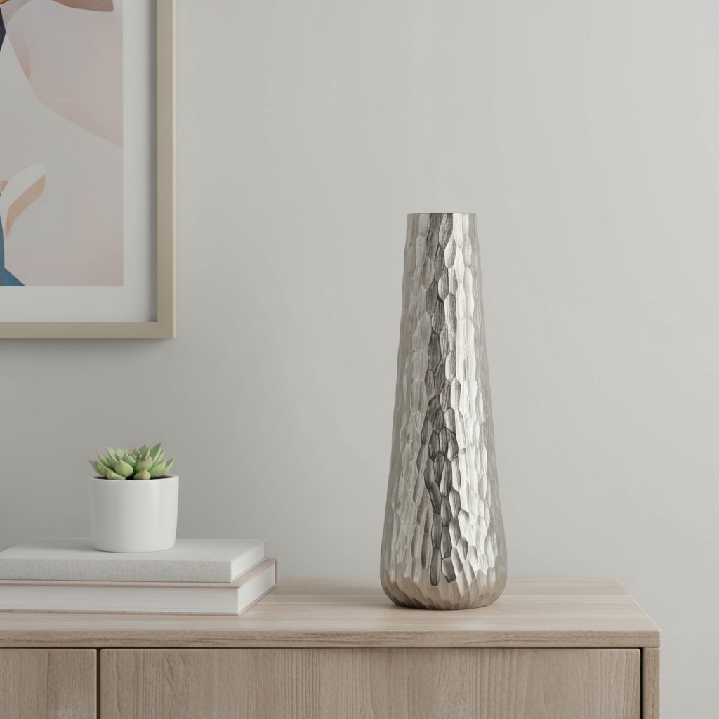 19" Silver Cast Aluminum Carved Geometric Table Vase - 5.10