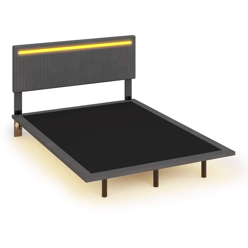 Upholstered Platform Bed with RGB Sensor Lights & Vertical Channel Design - No Box Spring Needed