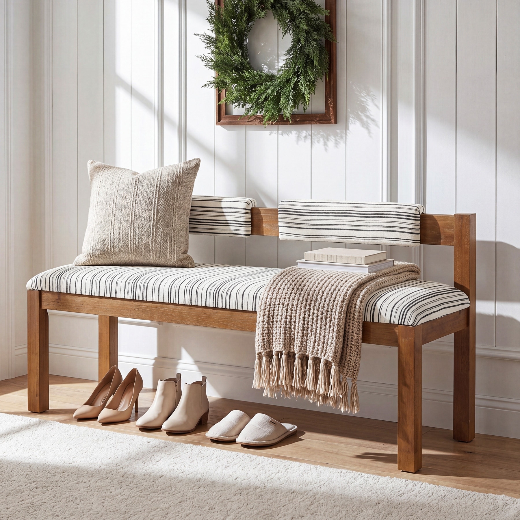 Upholstered Entryway Bench, 55" Solid Wood Seating Bench with Back