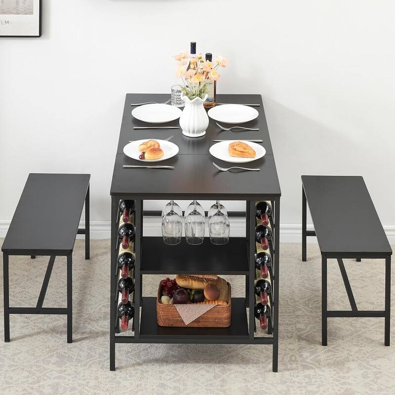 Dining Table Set with 2 Benches and Storage Shelf, Rectangular Table for Small Dining Area or Apartment