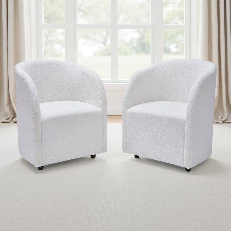 Robeck Dining Armchair Set of 2 with Wheels, Ivory Boucle Polyester
