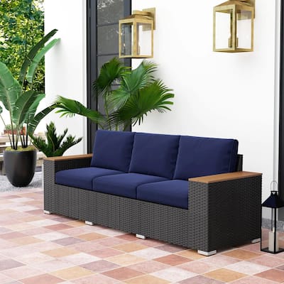 3 Seat Deep Cushion PE Rattan Patio Sofa, Wide Armrests