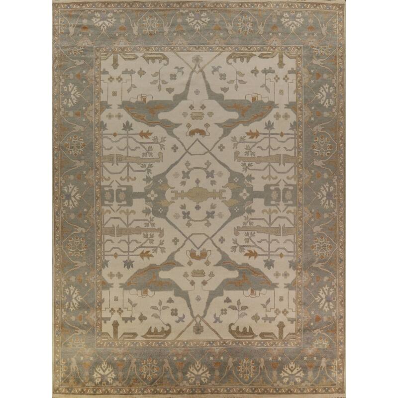 Earth Tone Oushak Indian Large Rug Hand-Knotted Wool Carpet - 12'2" x 14'10"