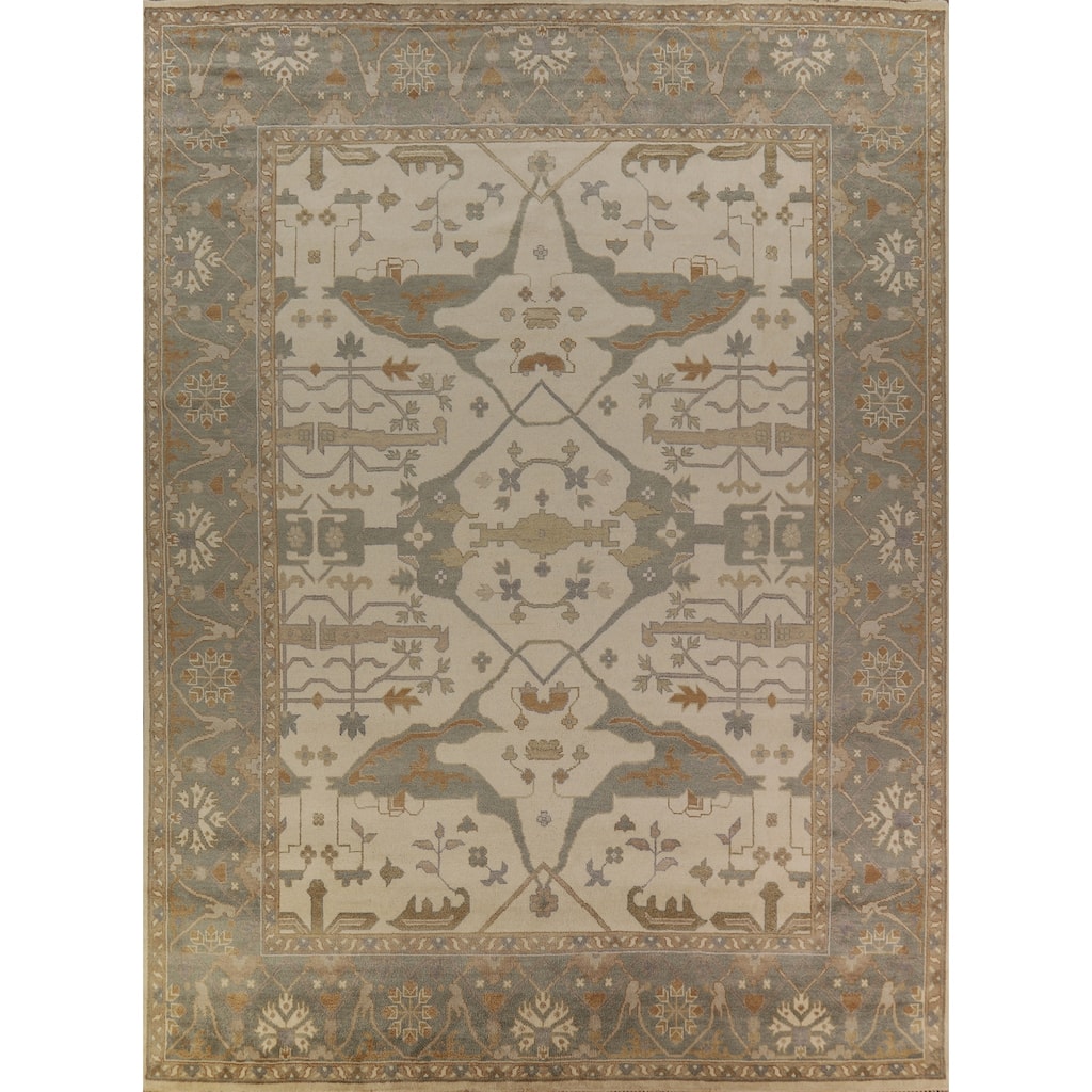 Earth Tone Oushak Indian Large Rug Hand-Knotted Wool Carpet - 12'2" x 14'10"
