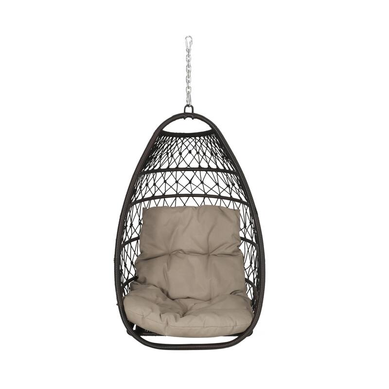 Roomfitters Hanging Wicker Egg Chair, Teardrop Rattan Swing Seat with Soft Tan Cushion and Steel Chain for Patio
