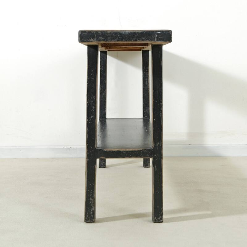 Reclaimed Pine Wood Song Console Table w/Shelf, 71 Inch Long, Antique Black Finish