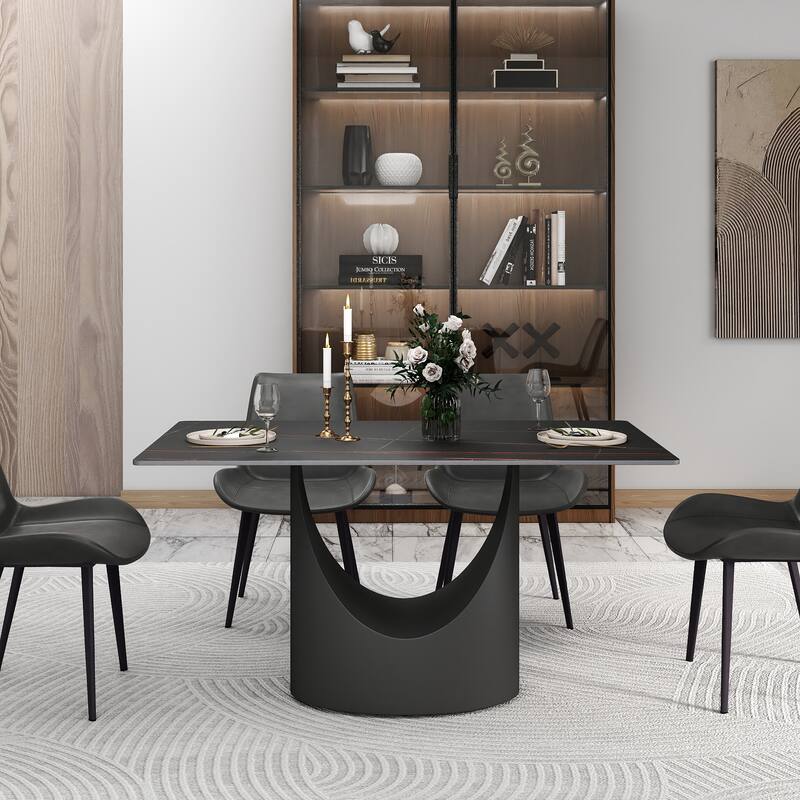 55 inch Dining Table for 4, Modern Sintered Stone Dining Room Table, Rectanglur Kitchen Table with Solid Carbon Steel Base