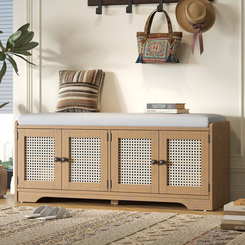 Rustic Woven Rattan Doors Storage Bench with Removable Cushion & Adjustable Shelves