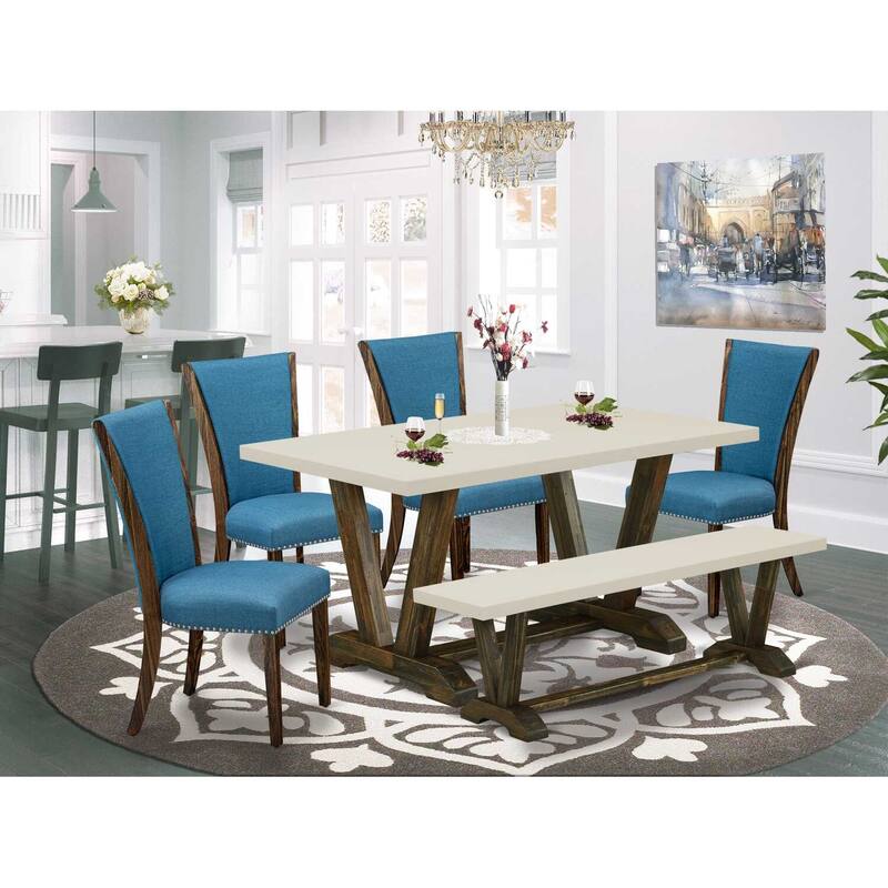 HomeStock 6-Piece Rectangle Distressed Jacobean Finish Solid Wood Top Dining Table with 1-Bench, 4-Chairs