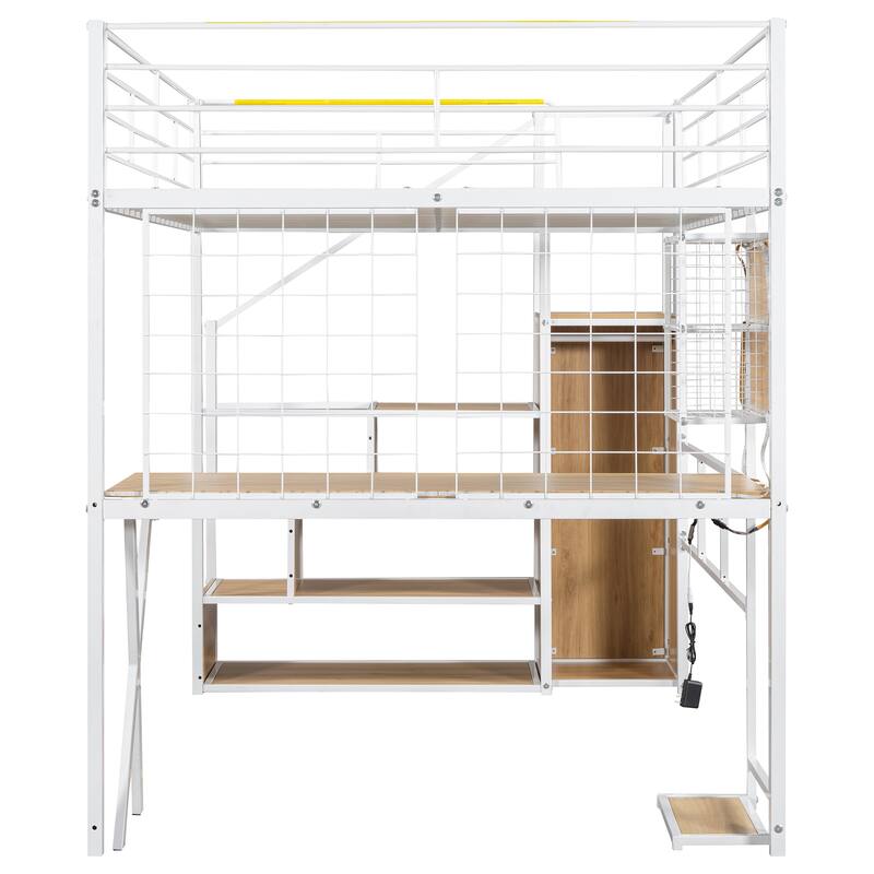 Full Size Metal Loft Bed with Desk, LED-Lit Shelves, Built-in Wardrobe, and Storage Stairs, Workstation Combo for Kids or Teens