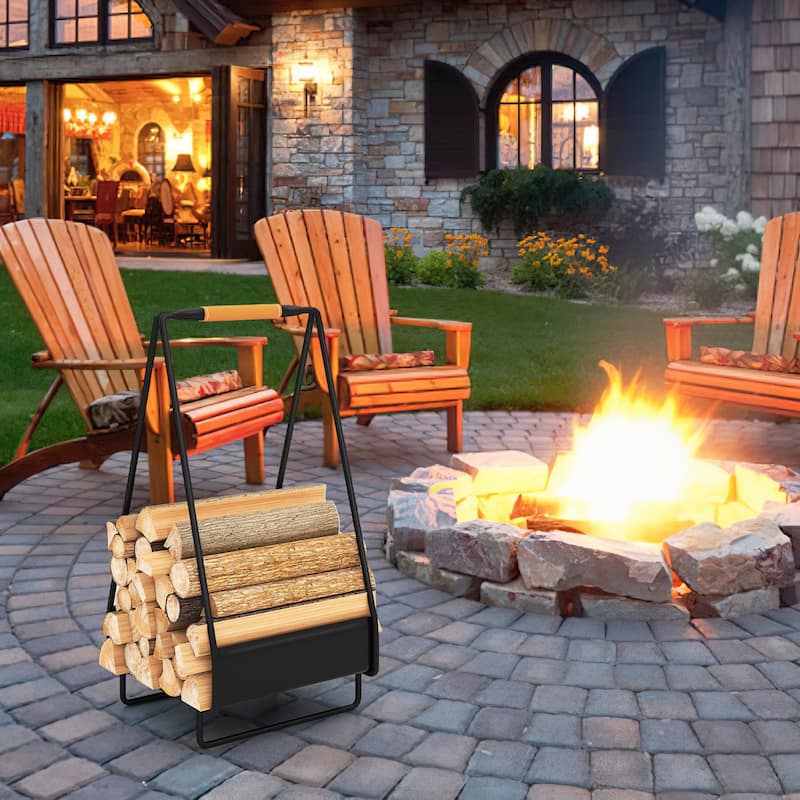 Gymax Firewood Storage Rack w/Handle Square Rack for Pit Stove