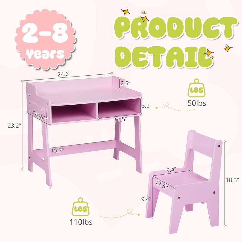 MDF Children's Study Desk And Chair Set With 2 Storage Compartments