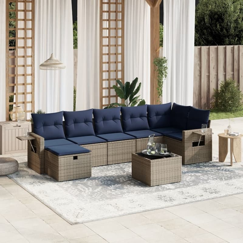 vidaXL Patio Sofa Set with Cushions Outdoor Conversation Furniture Poly Rattan - 24.4" x 24.4" x 27.2" - Gray with table