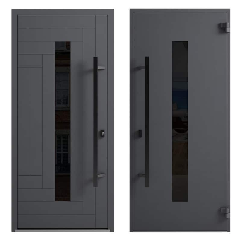 Front Prehung Steel Door Ronex 1011 Grey Side and Top Window Sidelite Stainless Inserts W36+12xH80+16 Lh I