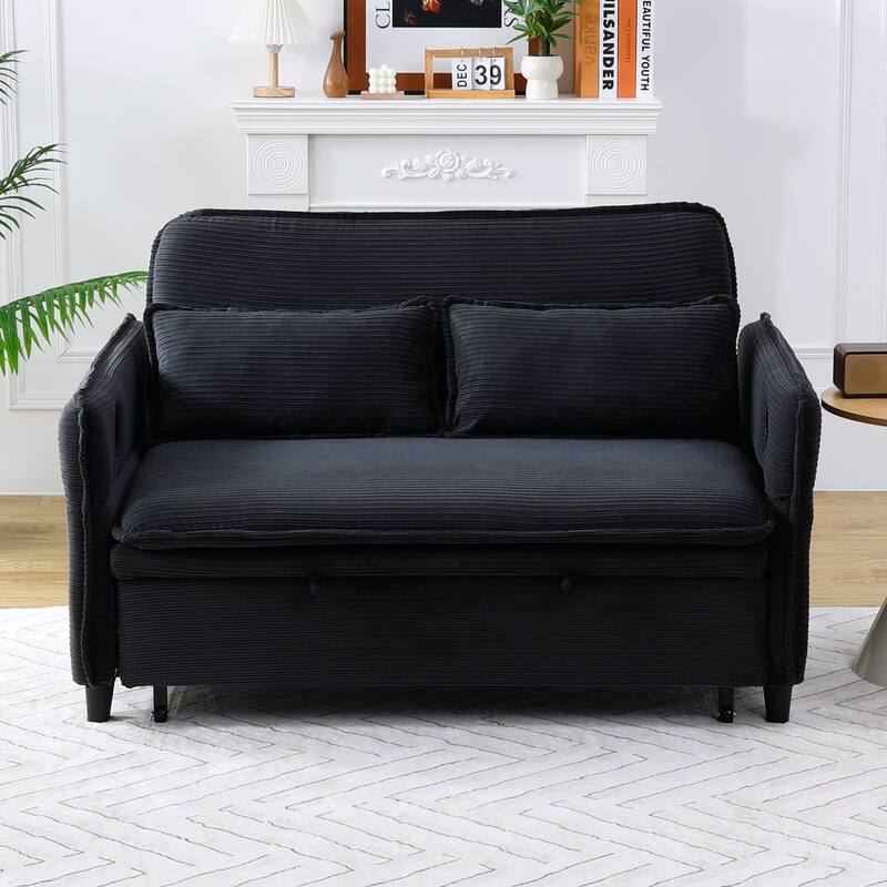 65.74-inch Black Corduroy Multi-functional Adjustable Sofa Bed with Letter Stripes
