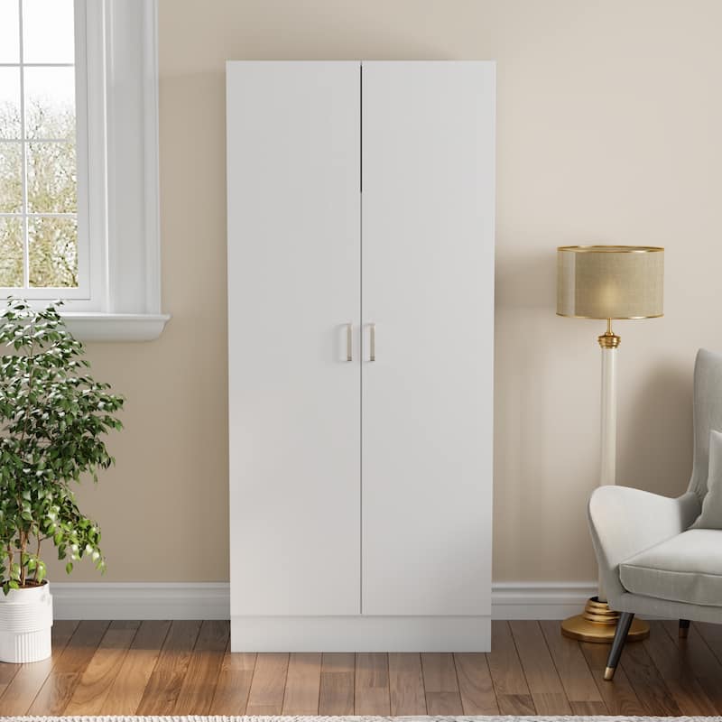 2-Door Wardrobe Armoires Freestanding Bedroom Armoire with Hanging Rod - White