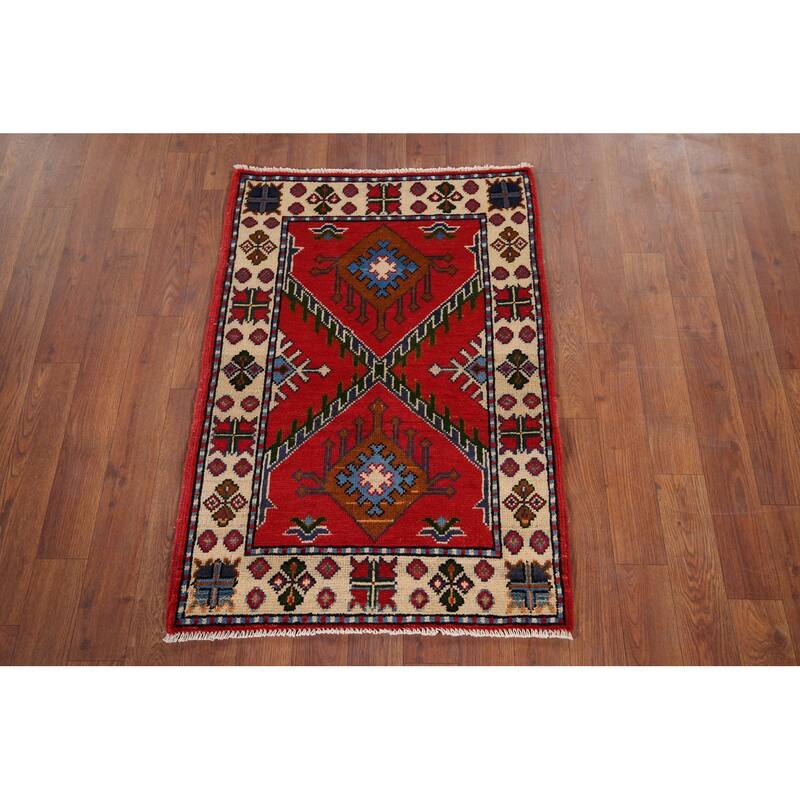 Geometric Red Kazak Accent Rug Hand-Knotted Wool Carpet - 2'1" x 2'11"