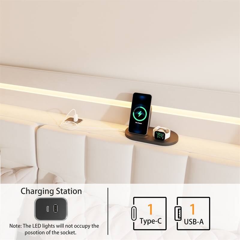King Size LED Upholstered Platform Bed w/ Headboard & Charging Station