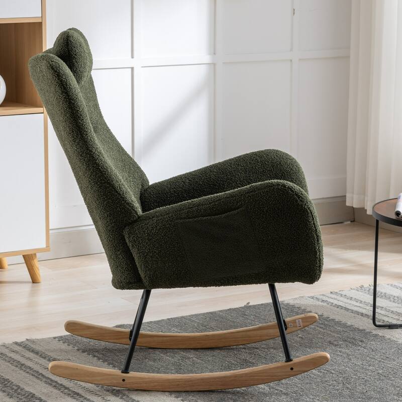 Teddy Fabric Wingback Rocking Chair for Nursery with Safe Solid Wood Base