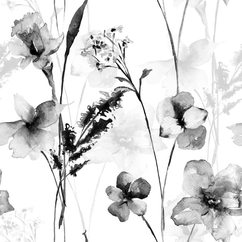 Black Watercolor Wild Floral Peel and Stick Wallpaper - 24'' W x 10' L