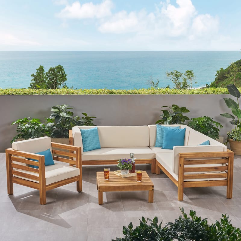 Oana Outdoor 6-seat Acacia Sectional Sofa / Club Chair Set by Christopher Knight Home