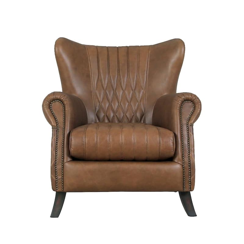 Pasargad Home Harrison Top Grain Leather Wing Chair, Brown - W31"xD27"xH33"