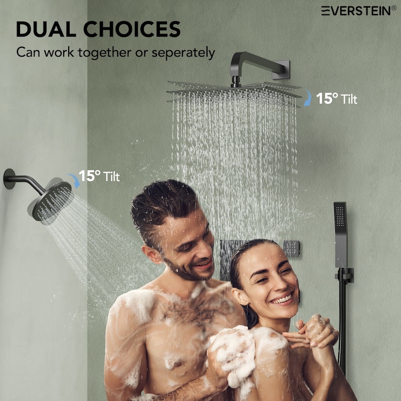 Thermostatic Dual Shower System 12" and 6" Rainfall Shower Head with 6 Body Jets & Handheld Shower
