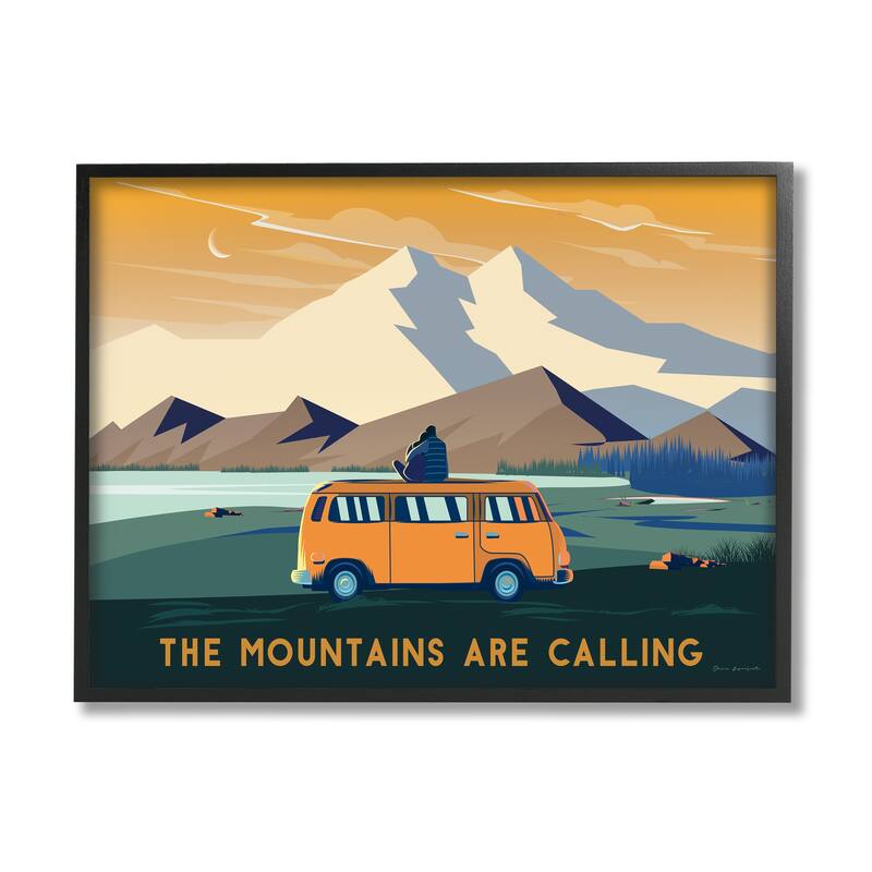 Stupell Mountains Are Calling Bold Orange Van Travel Explore Quote Framed Wall Art - 30 x 24 - Black