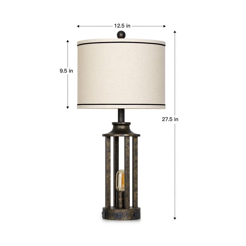 27.5'' Black Industrial Table Lamp with USB-C Fast Charging, Dual Lighting(Set of 2) - 12.5'' x 12.5'' x 27.5''