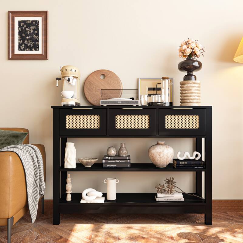 43.3" Sofa/Console Table - with 3 Top Drawers and 2 Open Shelves, Farmhouse Style