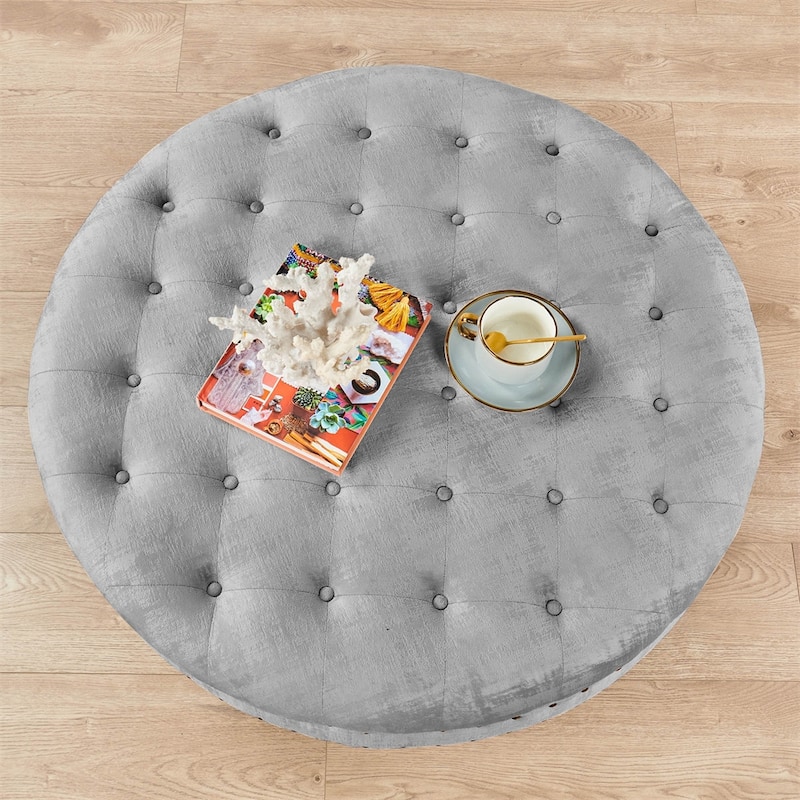 Round Velvet Tufted Coffee Table Ottoman, 34" x 34" x 17" H