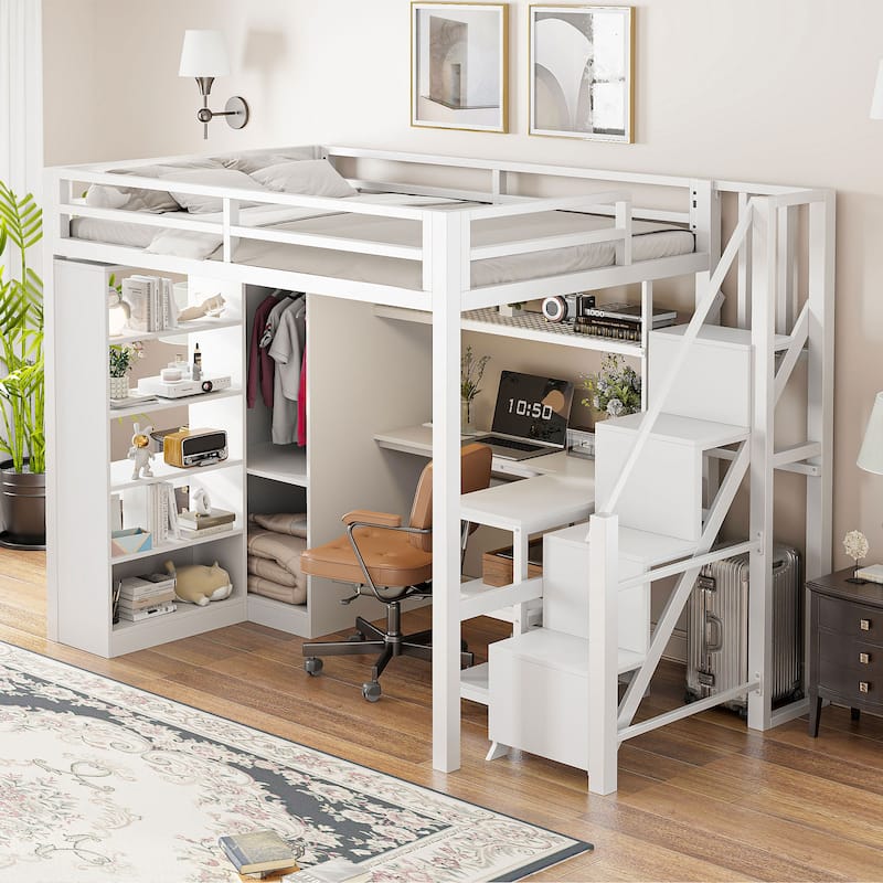 Loft Bed with Desk, USB Ports, 5-Layer Shelf, Space-Saving Metal Loft Bed Frame with Wardrobe and Stairs, Easy Assembly