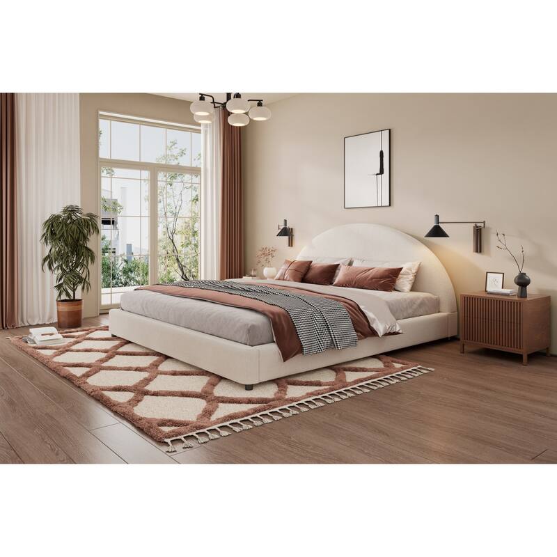 Roomfitters Modern King Bed Frame with Boucle Upholstery and Curved Round Headboard, Bedroom Decor, White