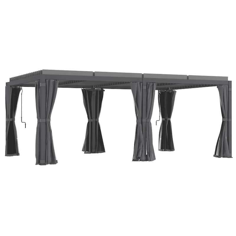 Outsunny 12' x 19' Louvered Pergola Hardtop Gazebo with Adjustable Aluminum Roof and Frame, Outdoor Pergola with Curtains