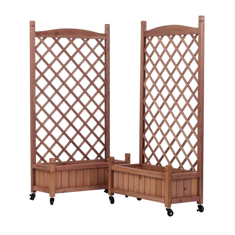 Set of 2 Portable Wood Planter Garden Bed with Wheels Drainage Trellis