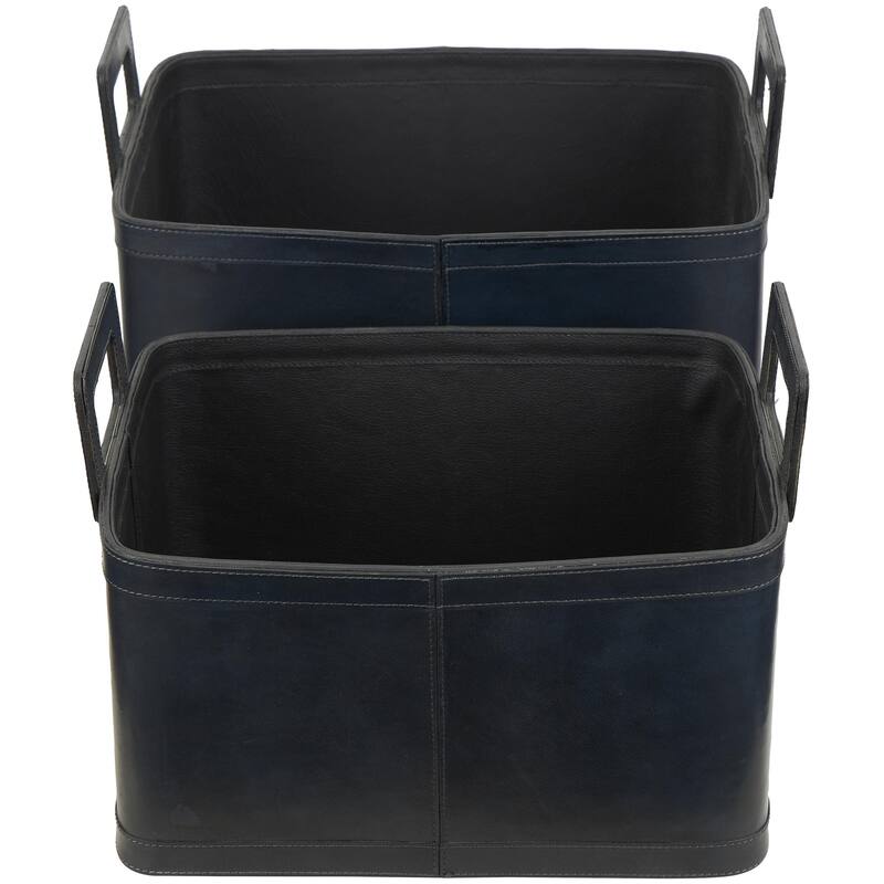 Leather Handmade Decorative and Functional Storage Basket with Handles - Set of 2 Dark Blue or Brown - Roche River Decor